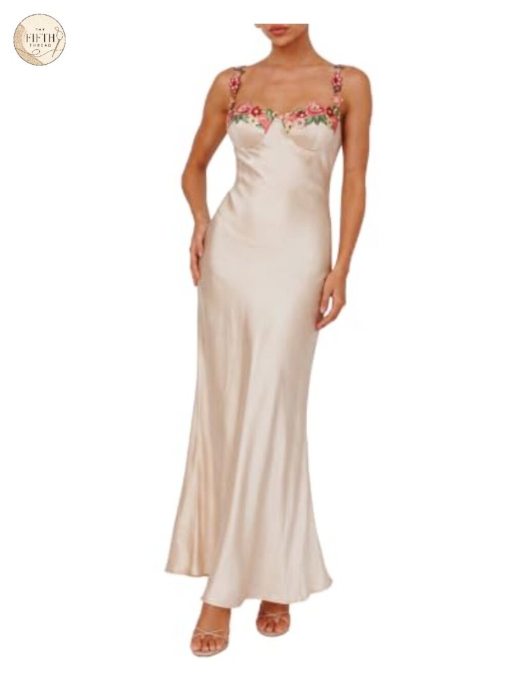 Realtix Satin Floral Applique Maxi Dress Spaghetti Strap Bodycon Wedding Guest